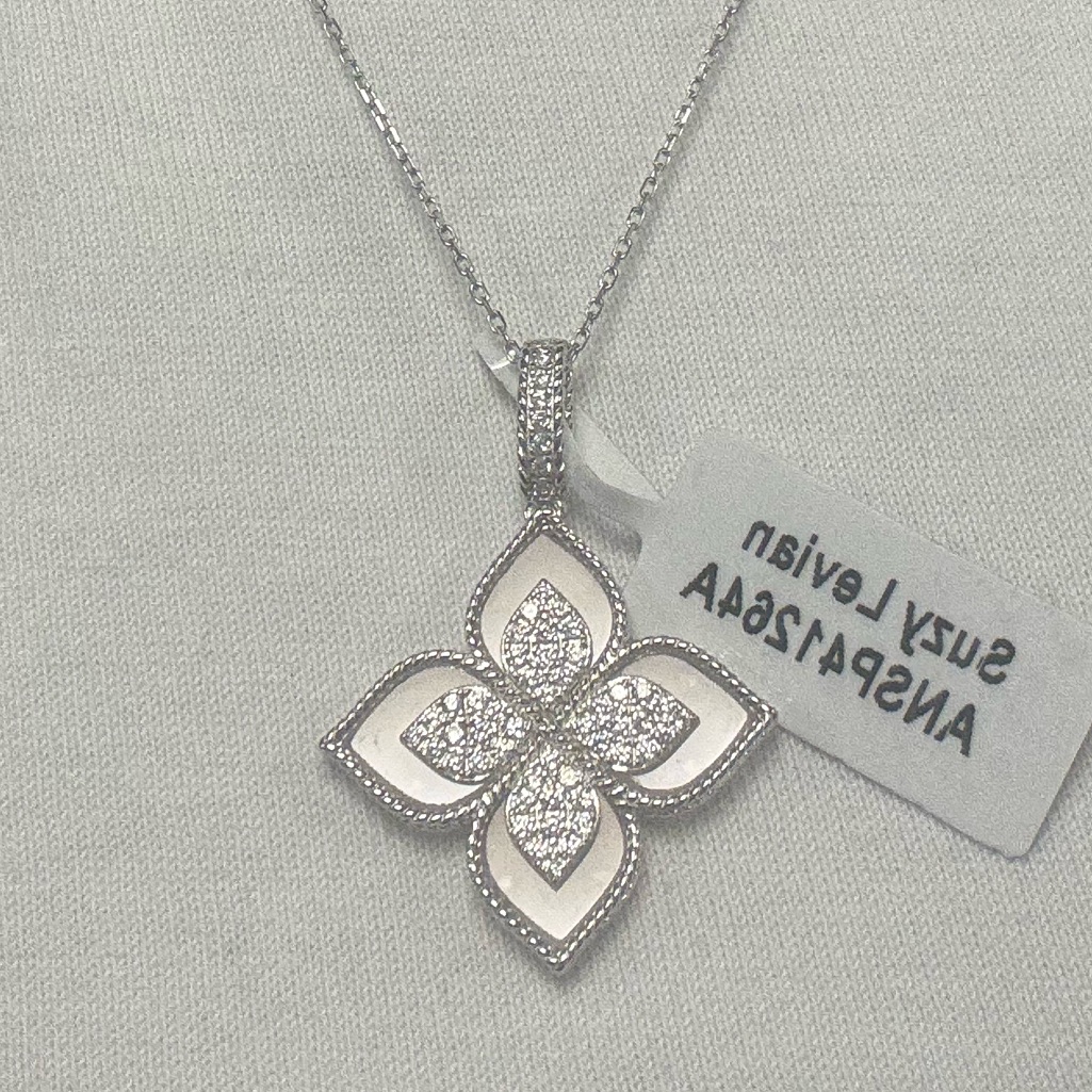 Suzy Levian Sterling Silver White Cubic Zirconia Pink Enamel Flower Pendant Nwt 120$